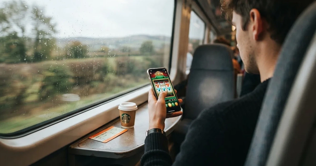 Una persona sostiene un teléfono móvil con ambas manos, deslizando el pulgar por la pantalla en un tren.